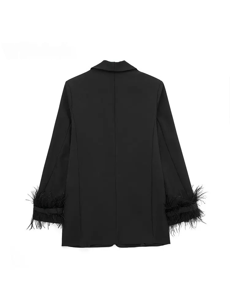 Schwarzer Blazermantel aus Vintage-Satin für Frauen - Yalinda