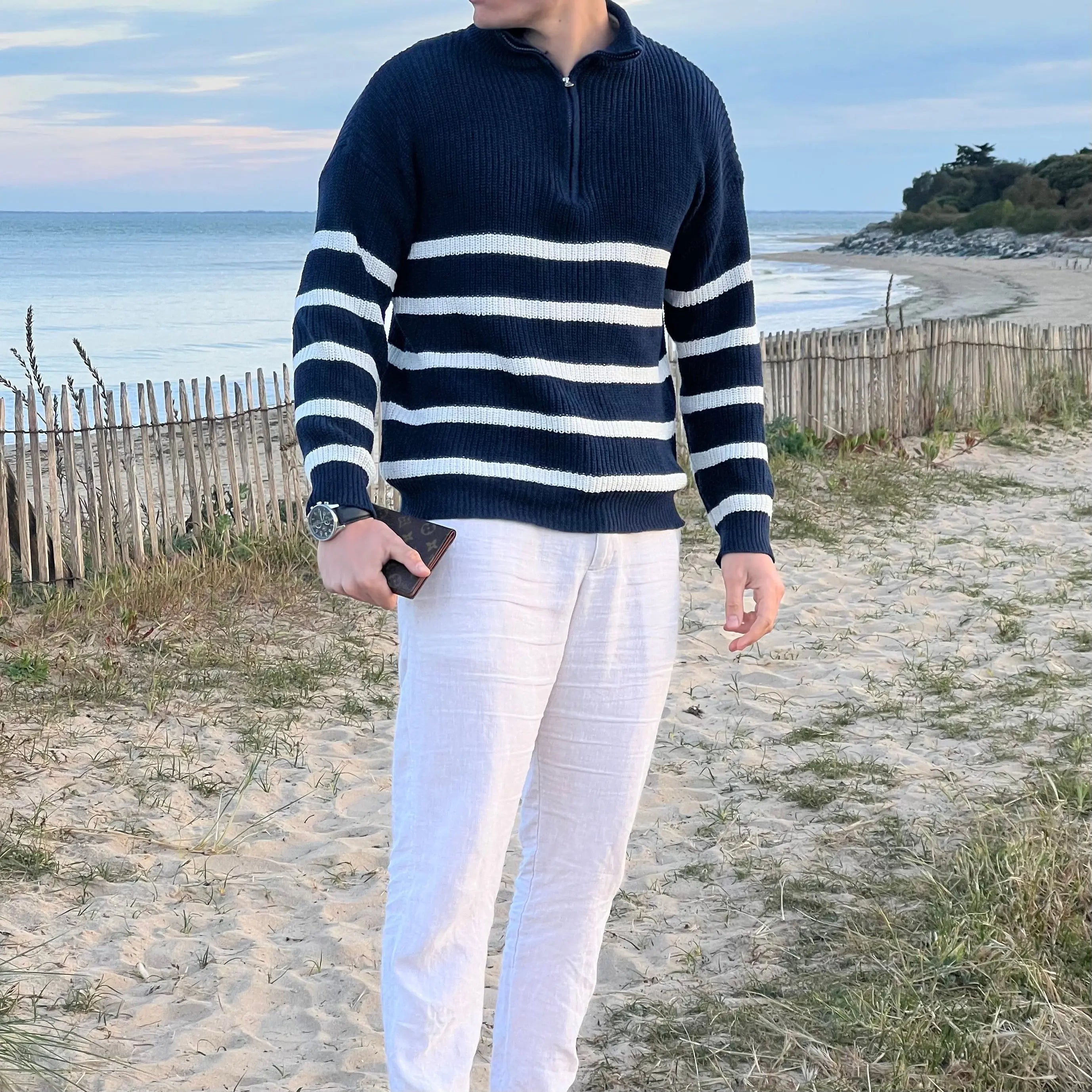 Yarrick Pullover – Stribet herrepullover med halv lynlås