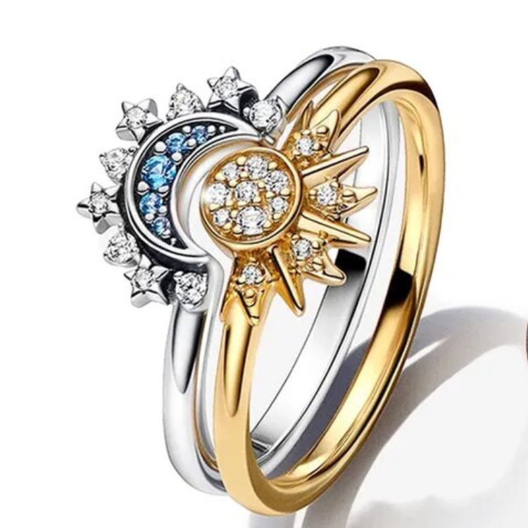 Funkelnder Mond-Sonne-Ring aus 925er Silber mit Kristall