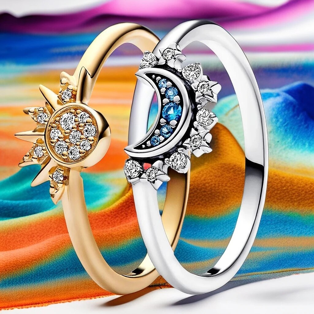 Funkelnder Mond-Sonne-Ring aus 925er Silber mit Kristall