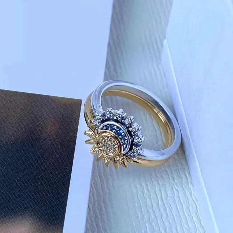 Funkelnder Mond-Sonne-Ring aus 925er Silber mit Kristall