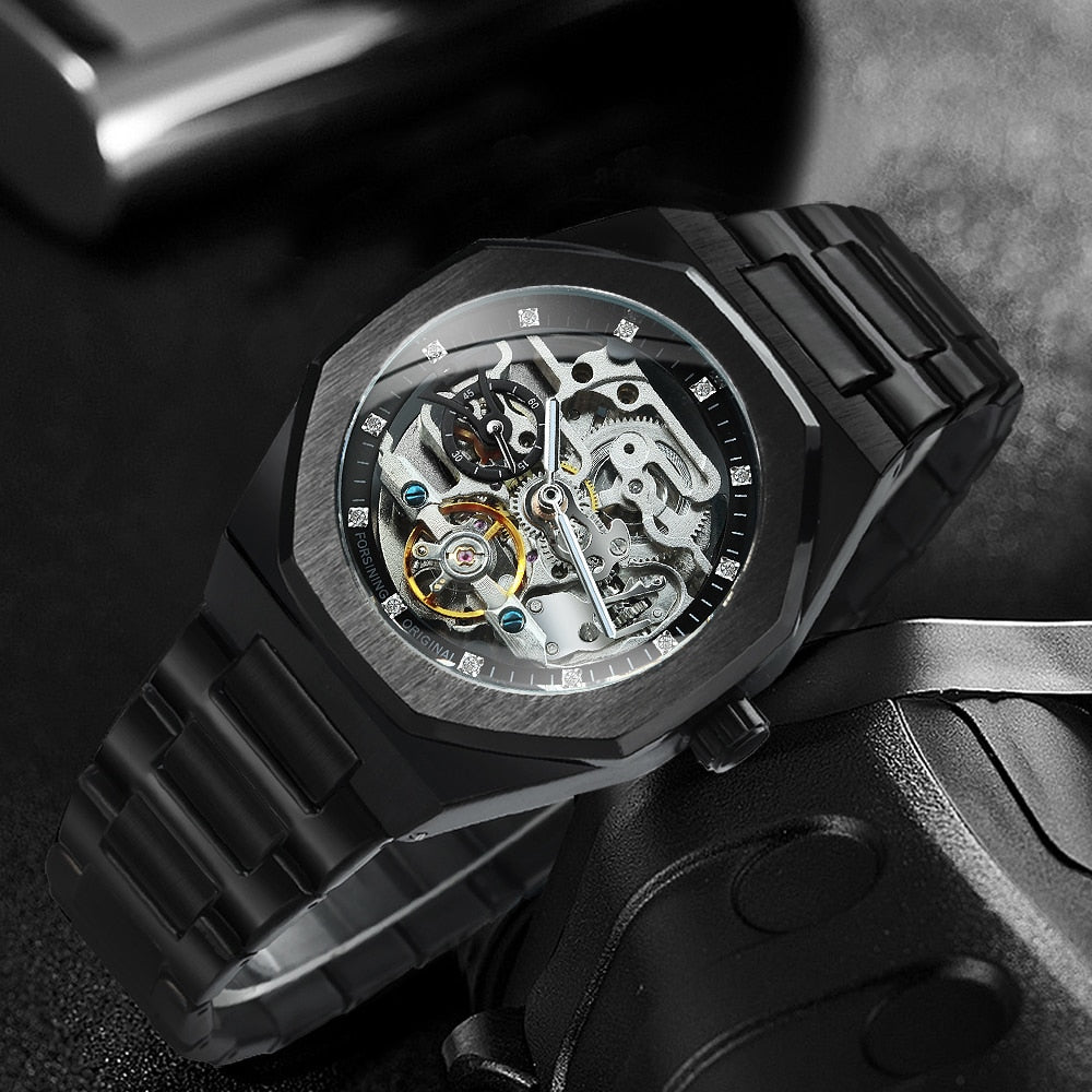 Devako Skeleton Automatik Uhr - Edelstahlband mit durchbrochenem mechanischem Uhrwerk
