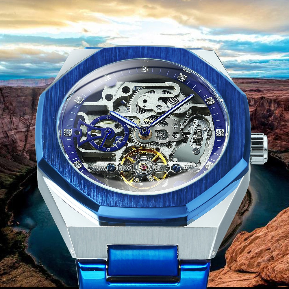 Devako Skeleton Automatik Uhr - Edelstahlband mit durchbrochenem mechanischem Uhrwerk