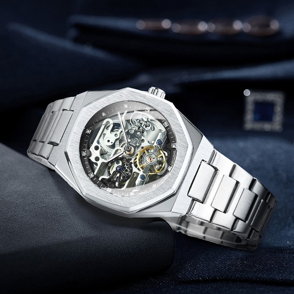 Devako Skeleton Automatik Uhr - Edelstahlband mit durchbrochenem mechanischem Uhrwerk
