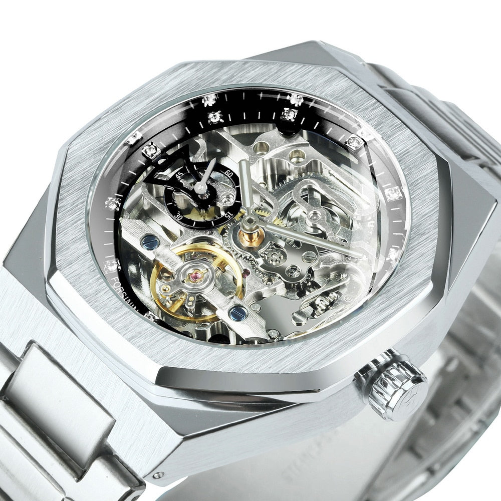 Devako Skeleton Automatik Uhr - Edelstahlband mit durchbrochenem mechanischem Uhrwerk