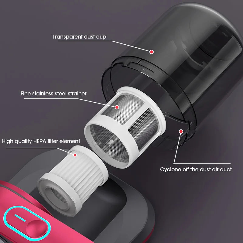 Aspirateur à main sans fil pour élimination des acariens avec lumière UV, 12 kPa, adapté aux allergiques