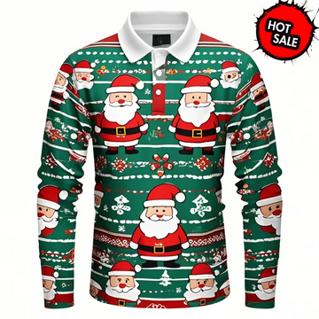 Kerstman 3D grafisch poloshirt voor heren met lange mouwen 0