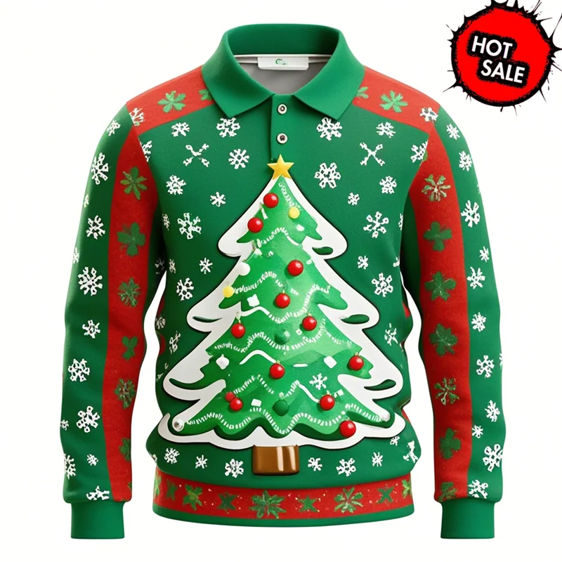 Kerstman 3D grafisch poloshirt voor heren met lange mouwen 8