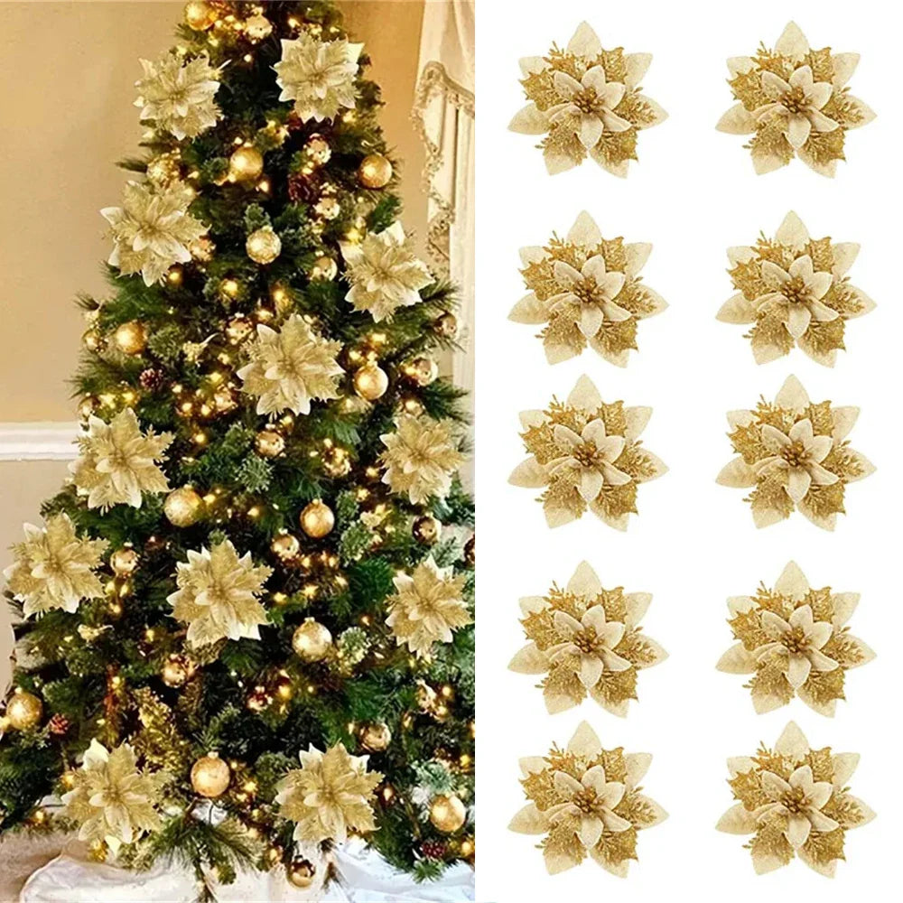 Florivelle Weihnachtsblumen Set – Künstliche Blumen 14,5 cm in Rosa, Rot & Gold für Festliche Dekoration