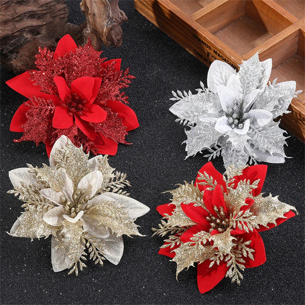 Florivelle Weihnachtsblumen Set – Künstliche Blumen 14,5 cm in Rosa, Rot & Gold für Festliche Dekoration