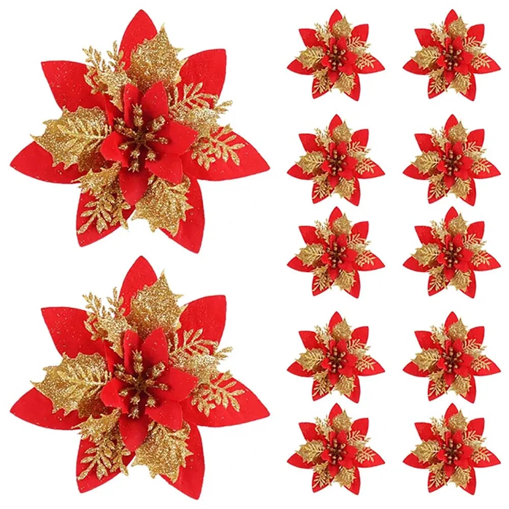 Florivelle Weihnachtsblumen Set – Künstliche Blumen 14,5 cm in Rosa, Rot & Gold für Festliche Dekoration