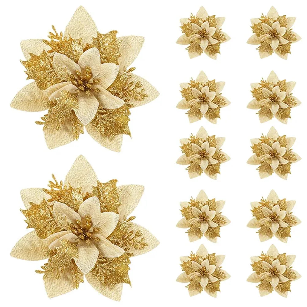Florivelle Weihnachtsblumen Set – Künstliche Blumen 14,5 cm in Rosa, Rot & Gold für Festliche Dekoration