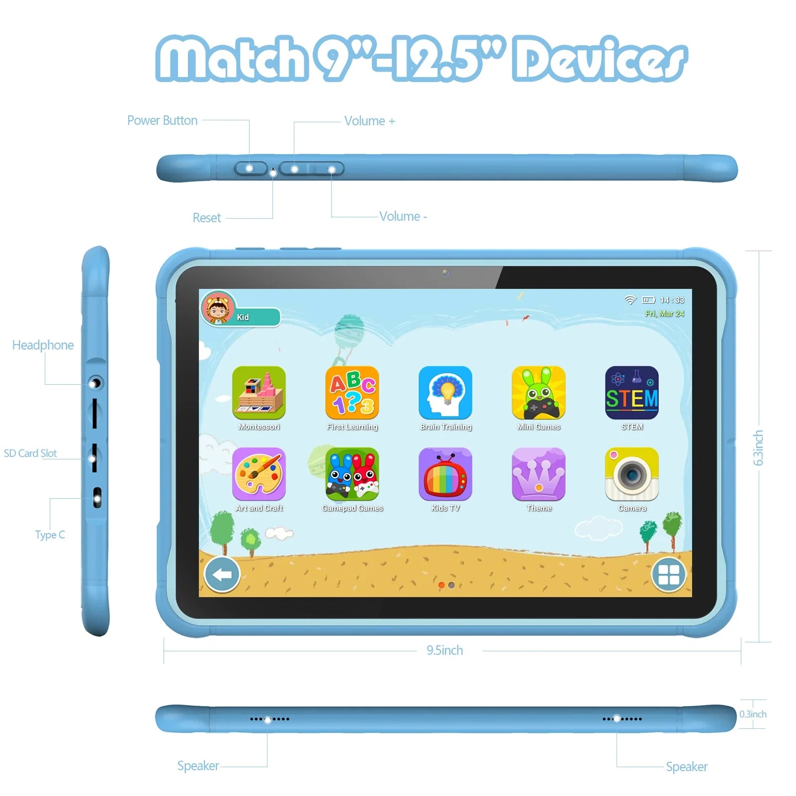 Pritom – Kinder-Tablet 10 Zoll Android 13, 64GB Speicher mit Schutzhülle