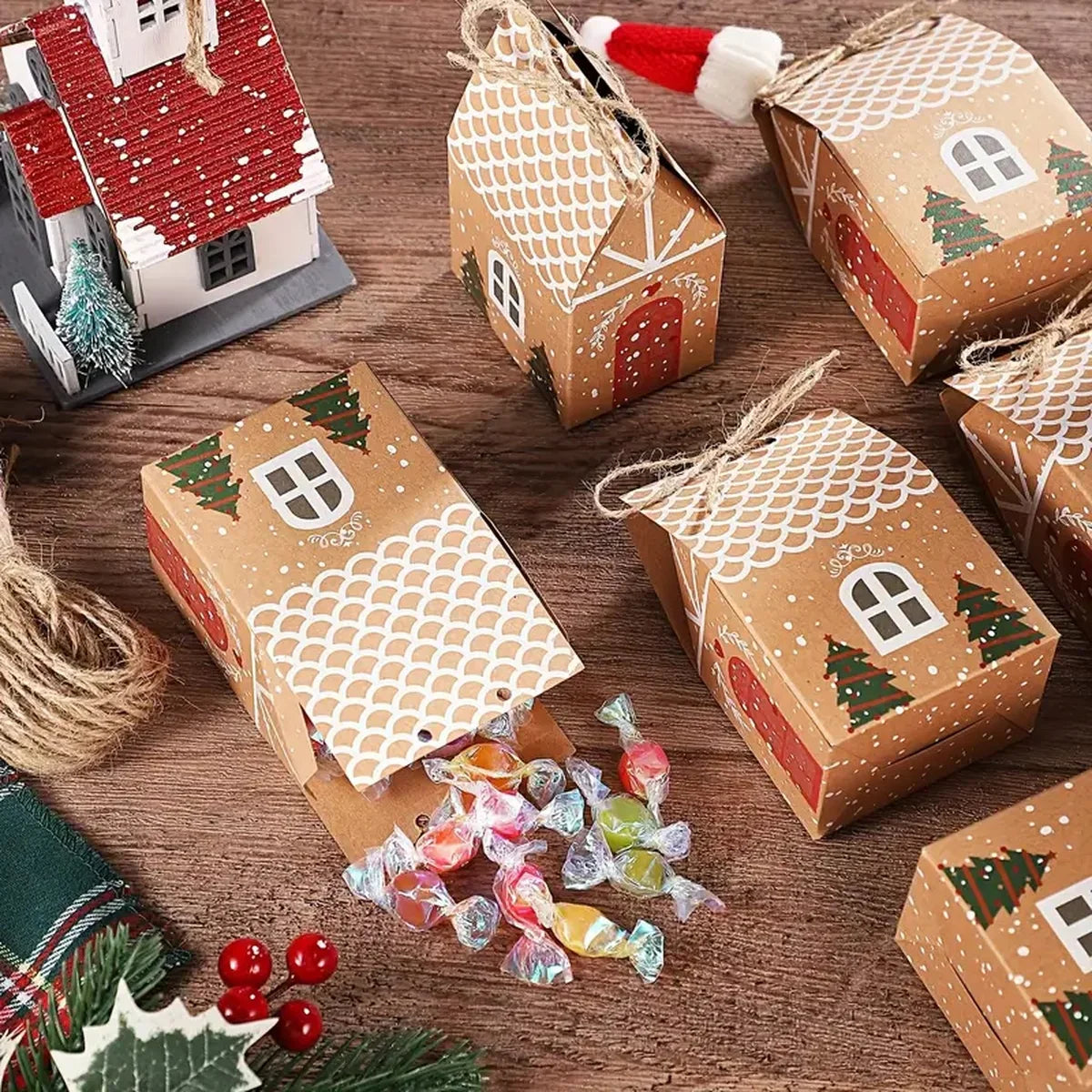 Kraftpapier Geschenkdozen voor Kerst - Set van 12 of 50 Peperkoek Huis Dozen 0