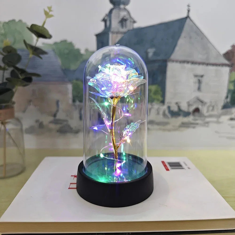 Lunafleur růžový květ s LED světlem – Romantická dekorace z plastu, trvanlivá a nápad na dárek