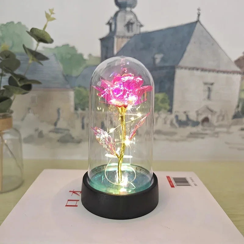 Lunafleur růžový květ s LED světlem – Romantická dekorace z plastu, trvanlivá a nápad na dárek