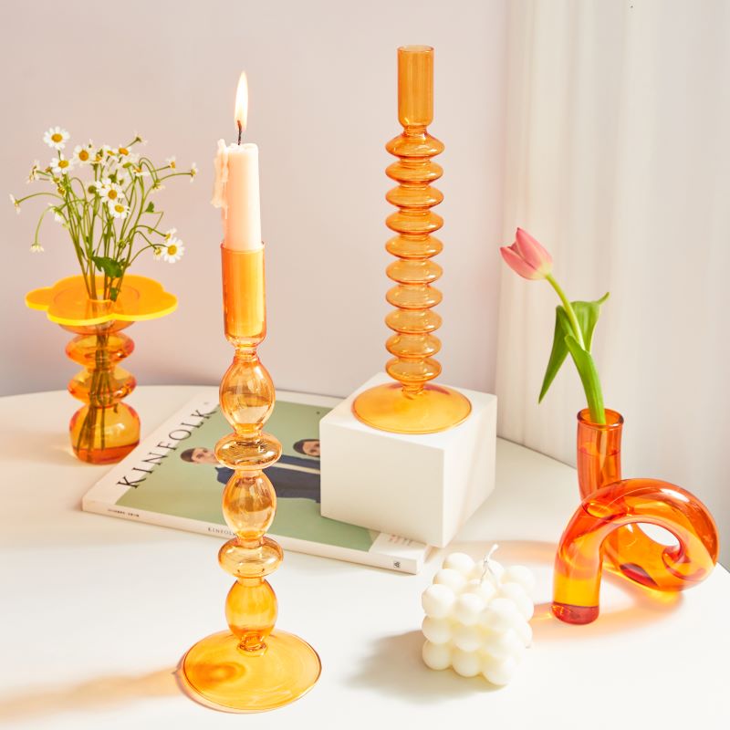 Porte-bougies en verre soufflé orange