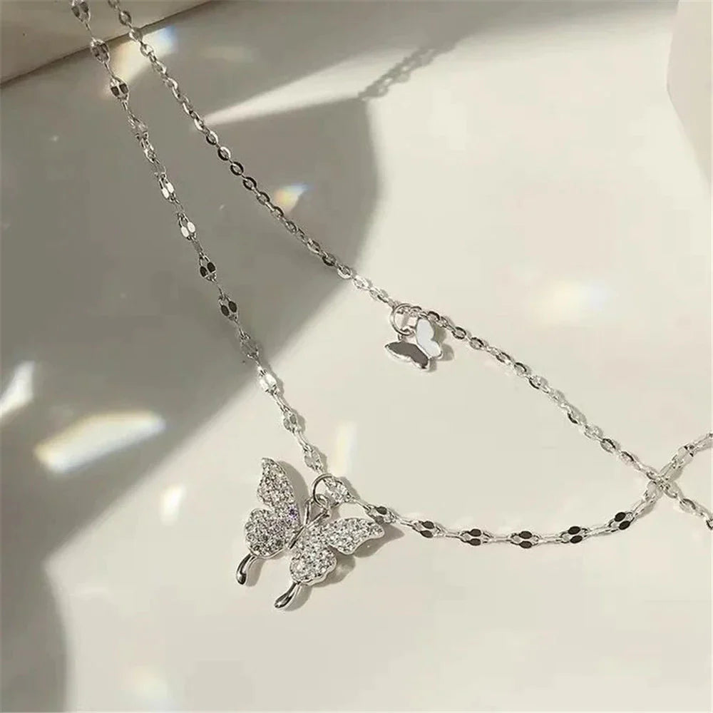 Mehrschichtiges Silberhalskettenset mit Zirkon-Schmetterling