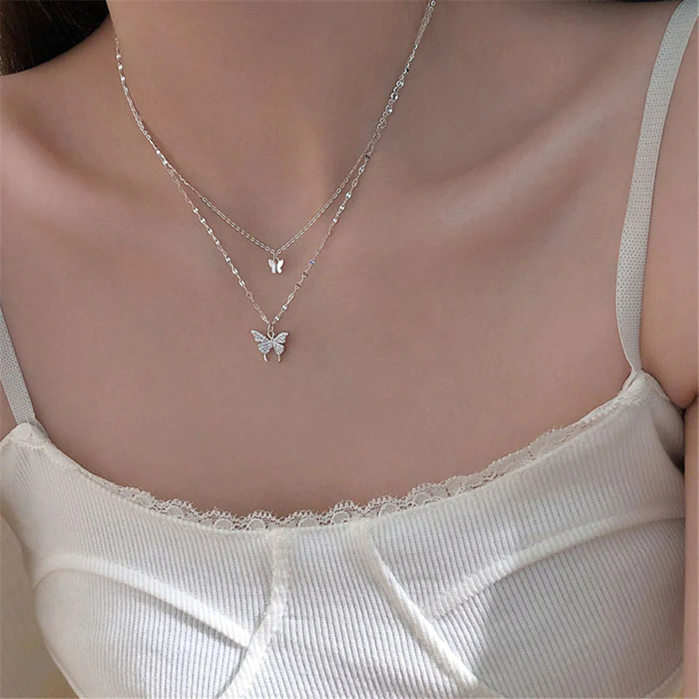 Mehrschichtiges Silberhalskettenset mit Zirkon-Schmetterling