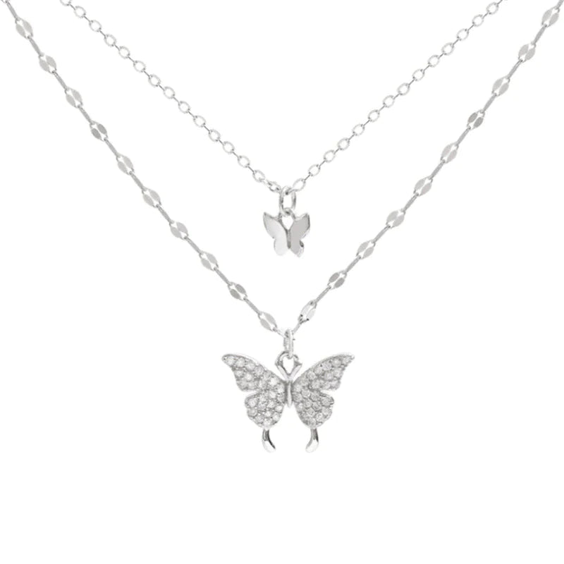 Mehrschichtiges Silberhalskettenset mit Zirkon-Schmetterling