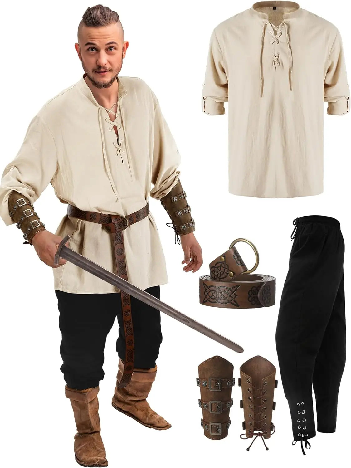 HeritageWear – Renaissance-Kostümset Herren – 4-teilig mit Piratenhemd & Hose