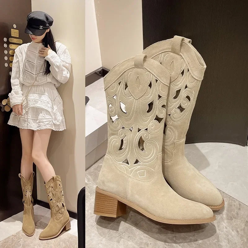 Rutschfeste Cowboystiefel mit niedrigem Absatz für Frauen - Farisa