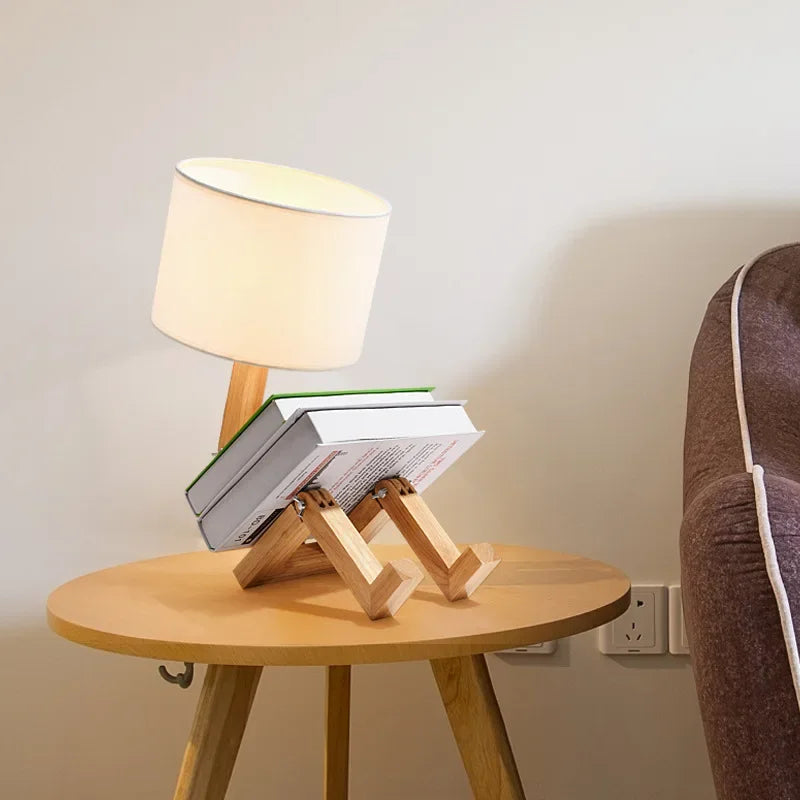 RutanFlex Verstellbare Roboter-Tischlampe aus Holz mit Buchhalterung