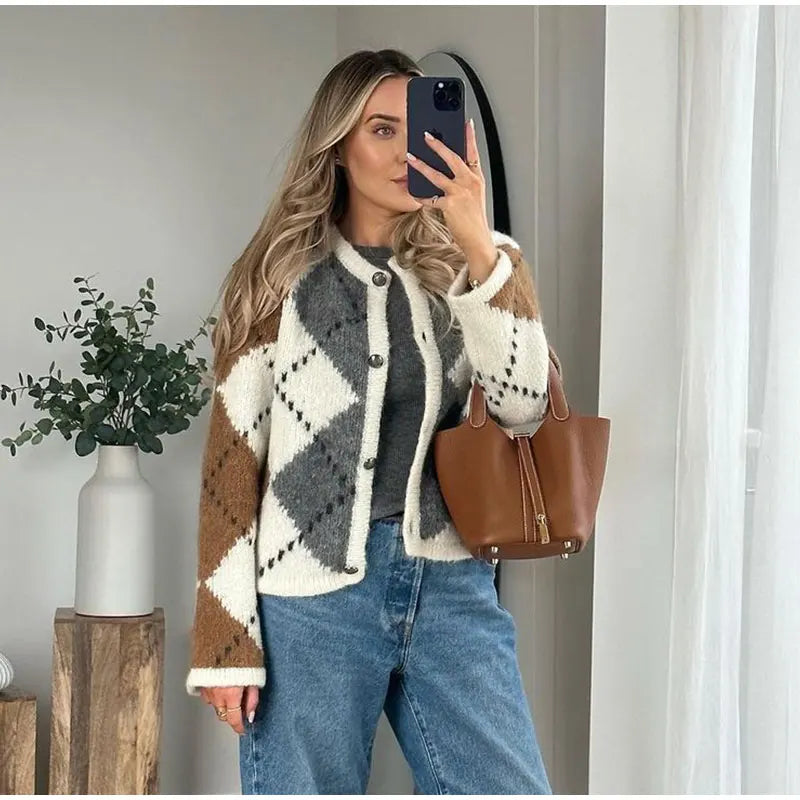 Kaye cardigan | Cardigan con scollo a V, abbottonatura e stampa a quadri