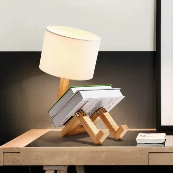 RutanFlex Verstellbare Roboter-Tischlampe aus Holz mit Buchhalterung