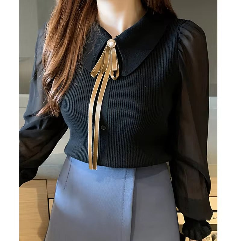 Elegantní pulovr z šifónu | Elegantní pulovr s lucernovými rukávy a límcem