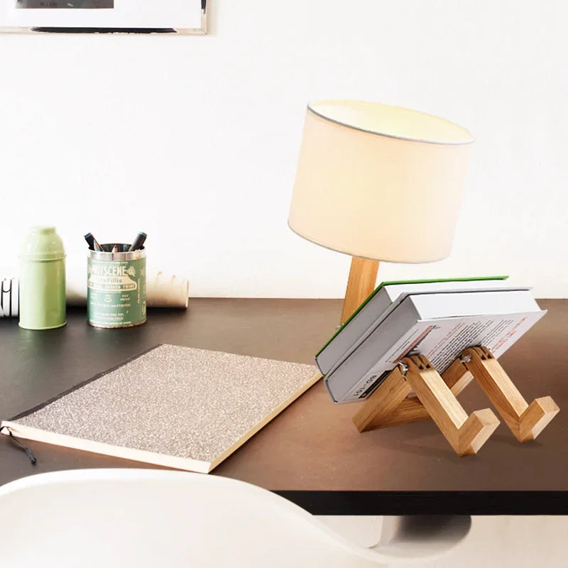 RutanFlex Verstellbare Roboter-Tischlampe aus Holz mit Buchhalterung