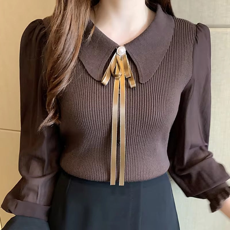 Elegantní pulovr z šifónu | Elegantní pulovr s lucernovými rukávy a límcem