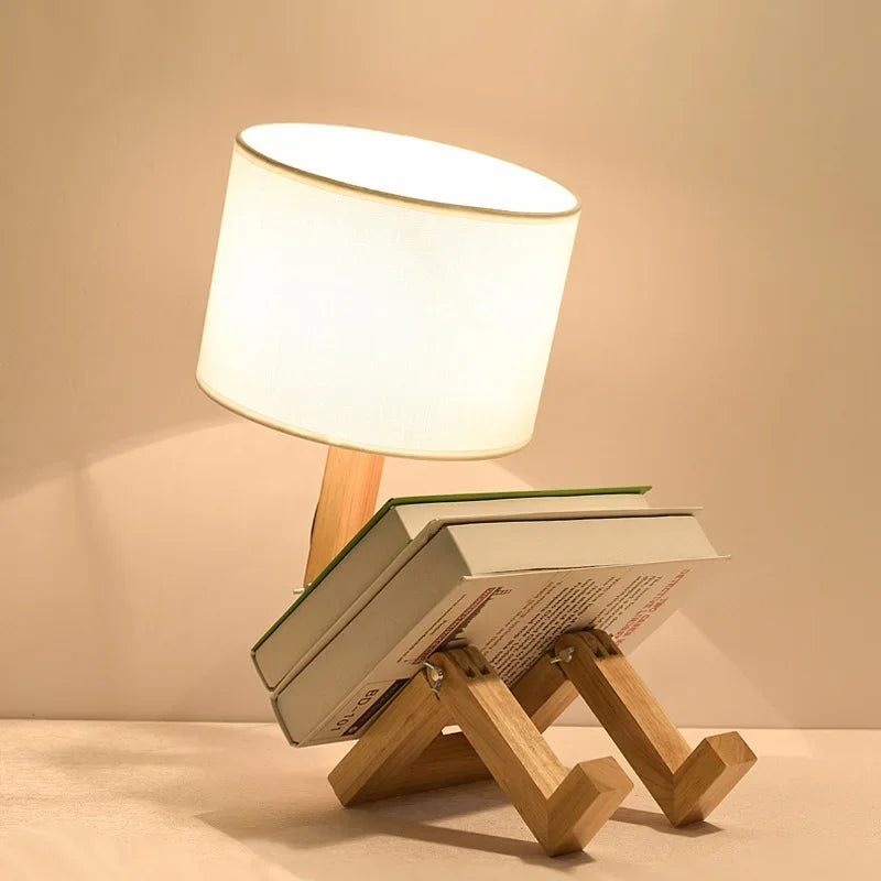 RutanFlex Verstellbare Roboter-Tischlampe aus Holz mit Buchhalterung