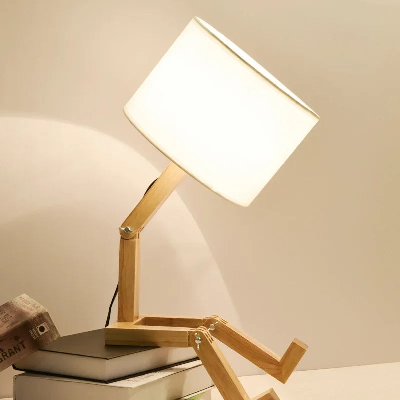 RutanFlex Verstellbare Roboter-Tischlampe aus Holz mit Buchhalterung