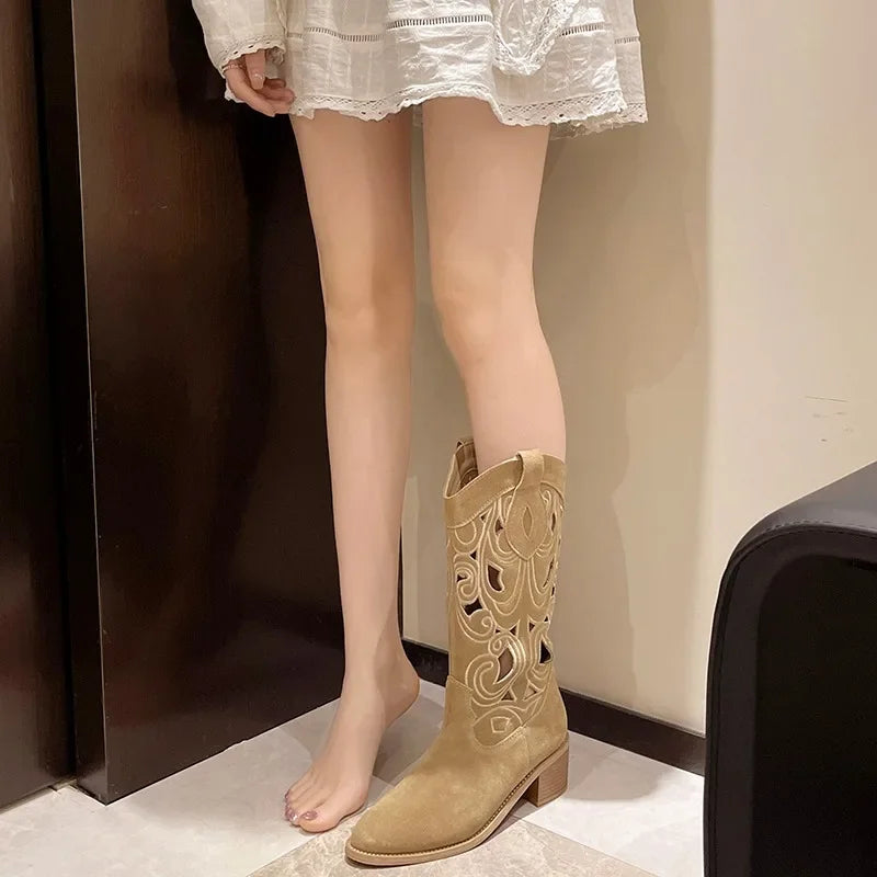 Rutschfeste Cowboystiefel mit niedrigem Absatz für Frauen - Farisa