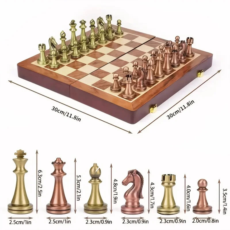 Ardente Antikes Schachspiel – Klappbares Massivholzbrett mit bronzenen Figuren (30 cm)