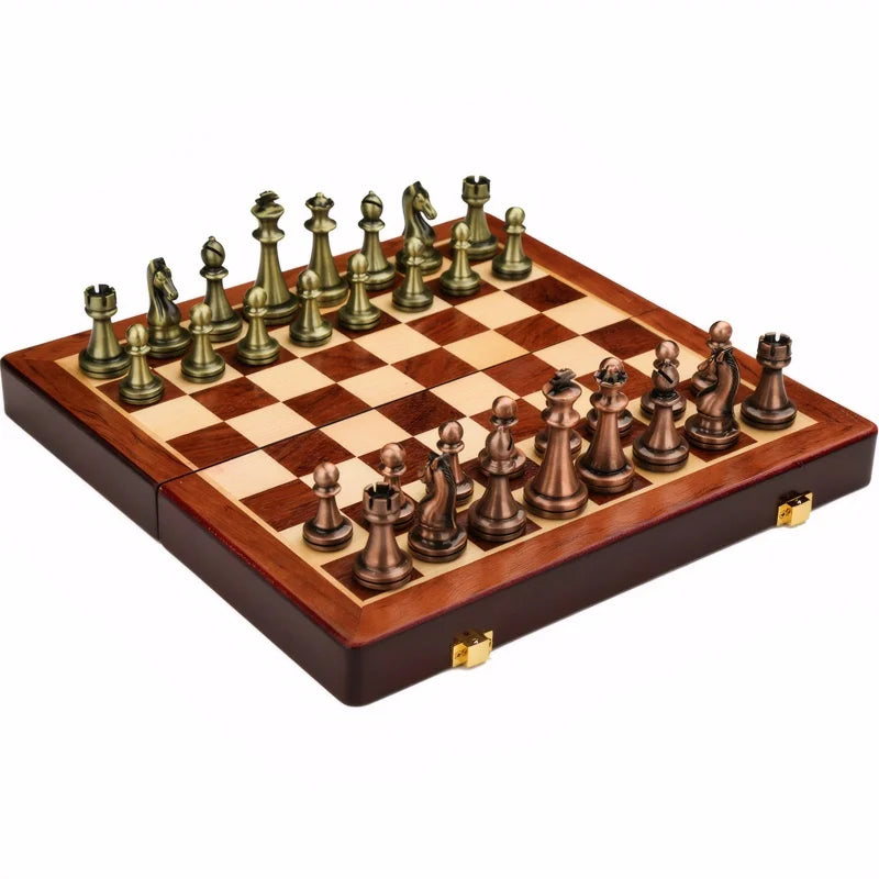 Ardente Antikes Schachspiel – Klappbares Massivholzbrett mit bronzenen Figuren (30 cm)