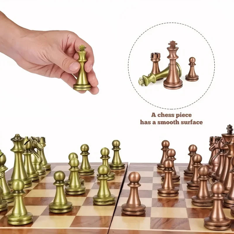 Ardente Antikes Schachspiel – Klappbares Massivholzbrett mit bronzenen Figuren (30 cm)