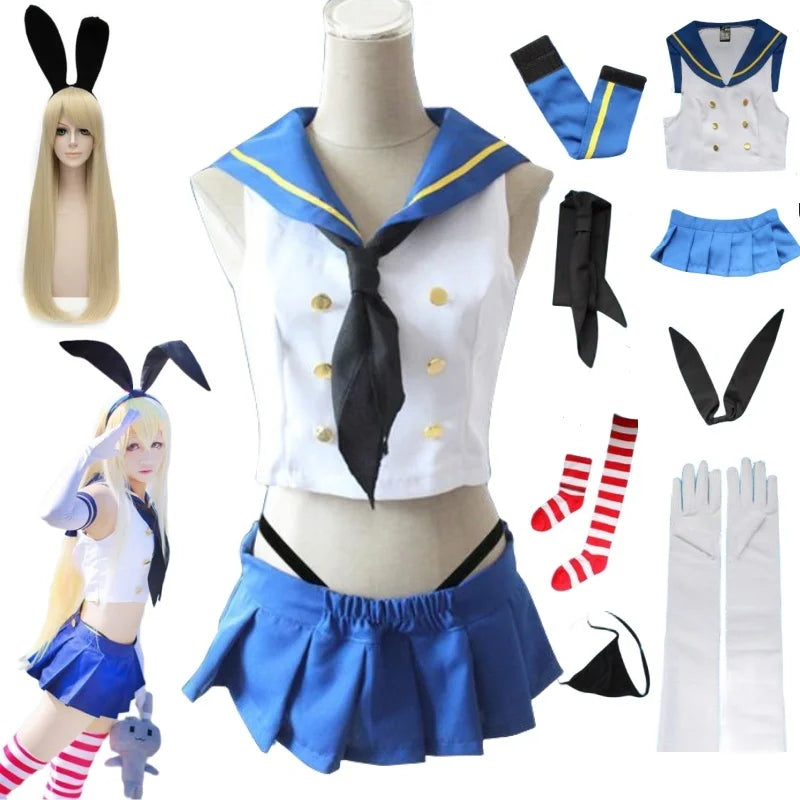 CosWave Anime Sailor Kostüm – Blau-Weiß Cosplay Kleid & Perücke Mädchen