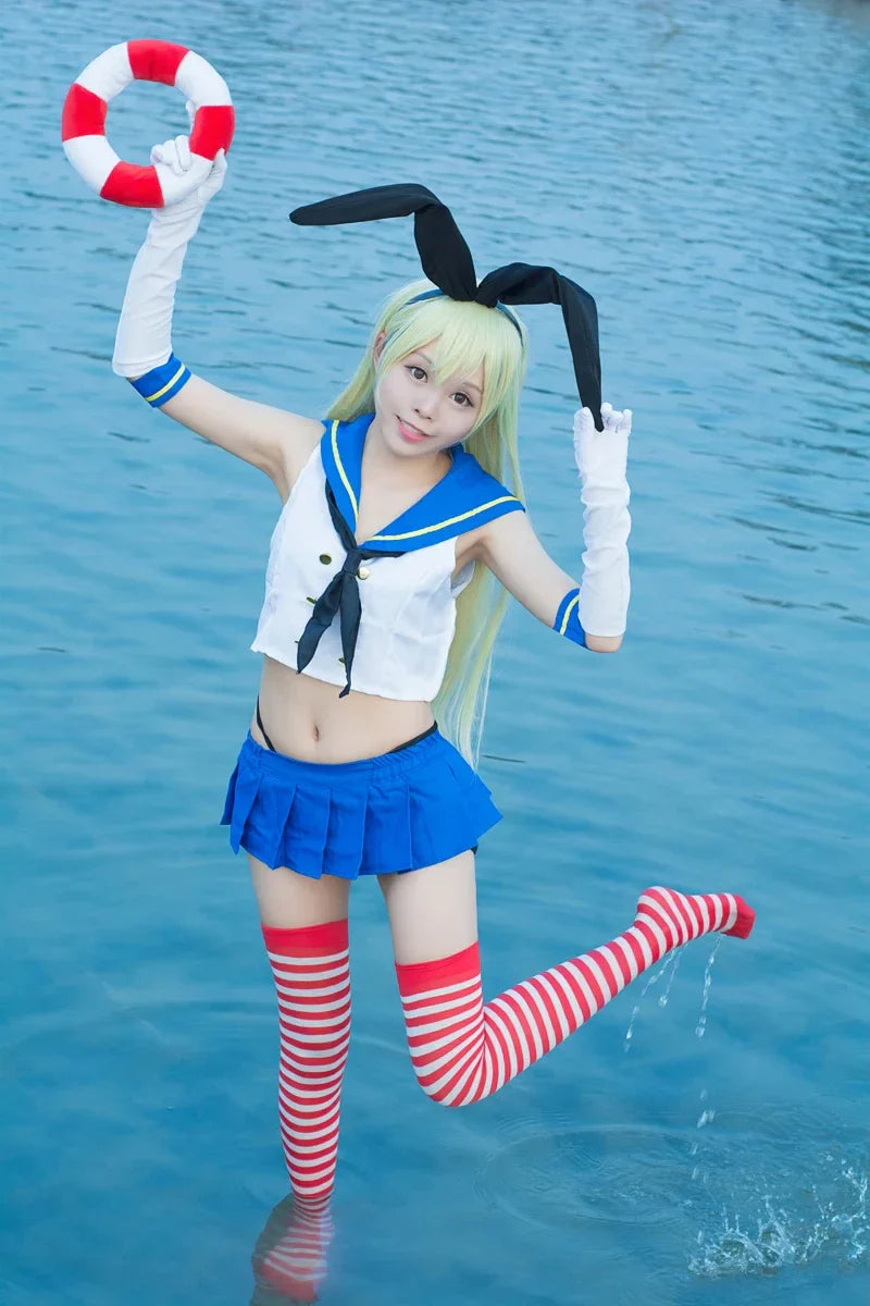 CosWave Anime Sailor Kostüm – Blau-Weiß Cosplay Kleid & Perücke Mädchen