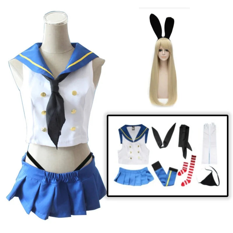 CosWave Anime Sailor Kostüm – Blau-Weiß Cosplay Kleid & Perücke Mädchen