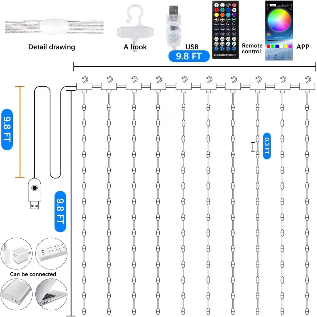 Lunexia Intelligente LED Lichtervorhang – 3x3m Bluetooth Lichtvorhang mit 300 LEDs, Musikmodus & 16 Mio. Farben