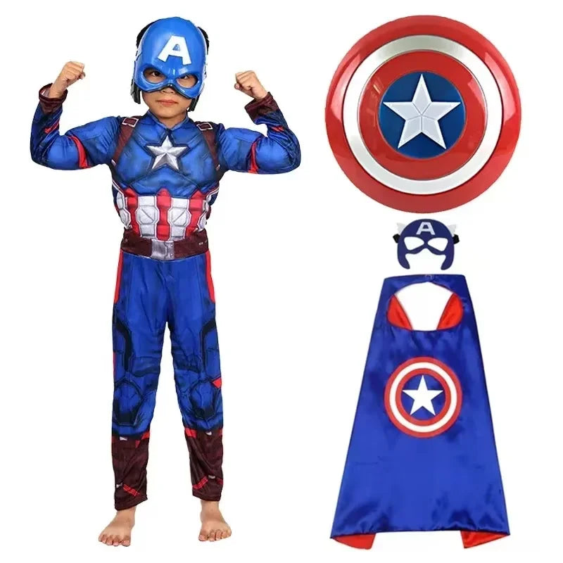 HeroVibe – Superhelden Muskelkostüm für Kinder mit Schild – Rot & Blau Karneval-Outfit