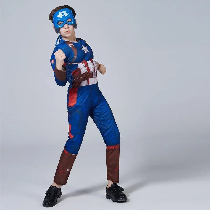 HeroVibe – Superhelden Muskelkostüm für Kinder mit Schild – Rot & Blau Karneval-Outfit