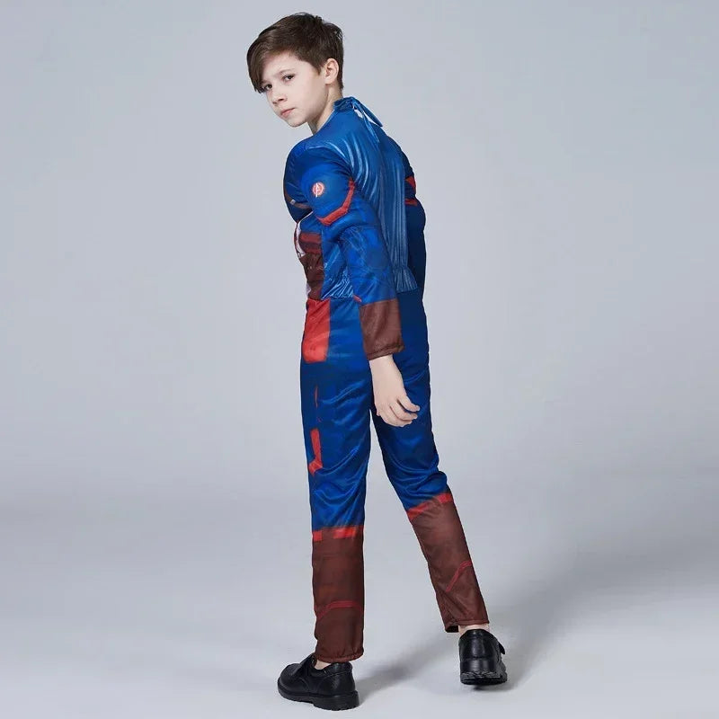 HeroVibe – Superhelden Muskelkostüm für Kinder mit Schild – Rot & Blau Karneval-Outfit