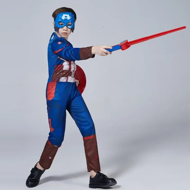 HeroVibe – Superhelden Muskelkostüm für Kinder mit Schild – Rot & Blau Karneval-Outfit