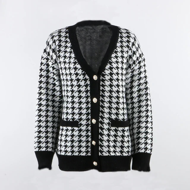 Hahnentritt-Strickjacke mit farblich abgesetztem Saum - Samiya