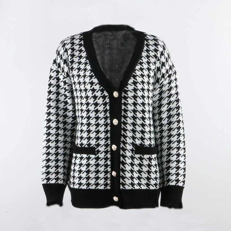 Hahnentritt-Strickjacke mit farblich abgesetztem Saum - Samiya