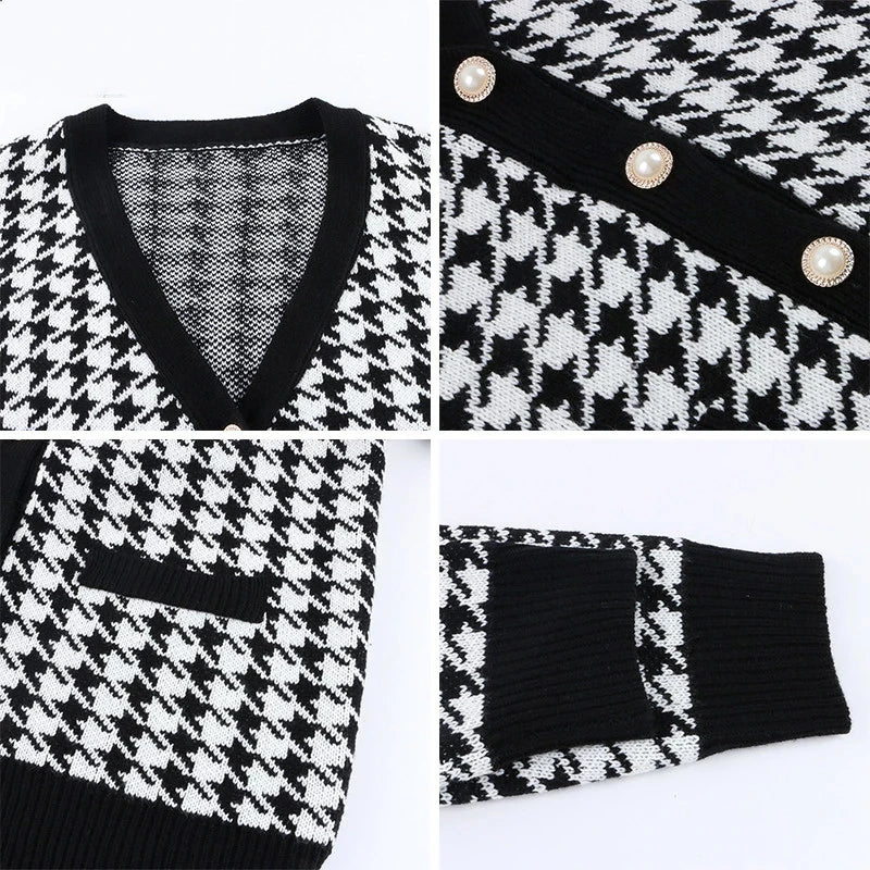 Hahnentritt-Strickjacke mit farblich abgesetztem Saum - Samiya
