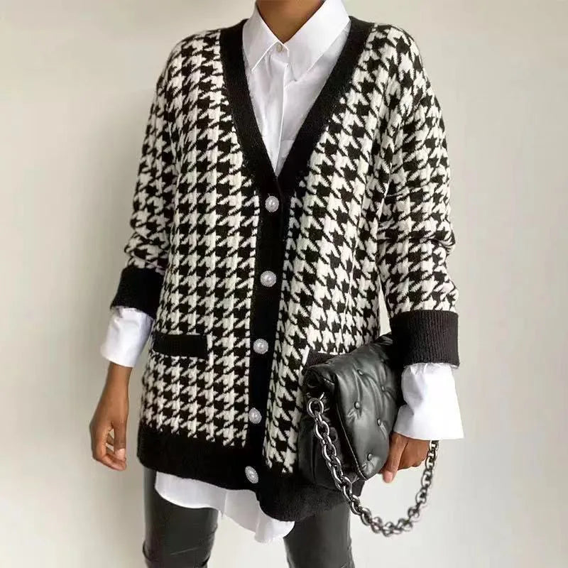Hahnentritt-Strickjacke mit farblich abgesetztem Saum - Samiya